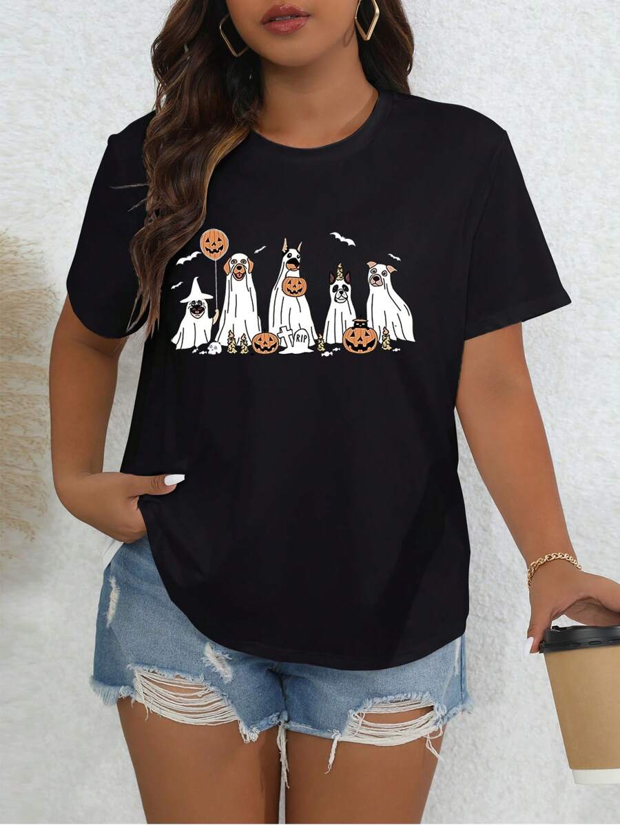 INAWLY 大码女式夏季南瓜鬼魂印花圆领短袖休闲 T 恤 - 黑色 - 查看 1