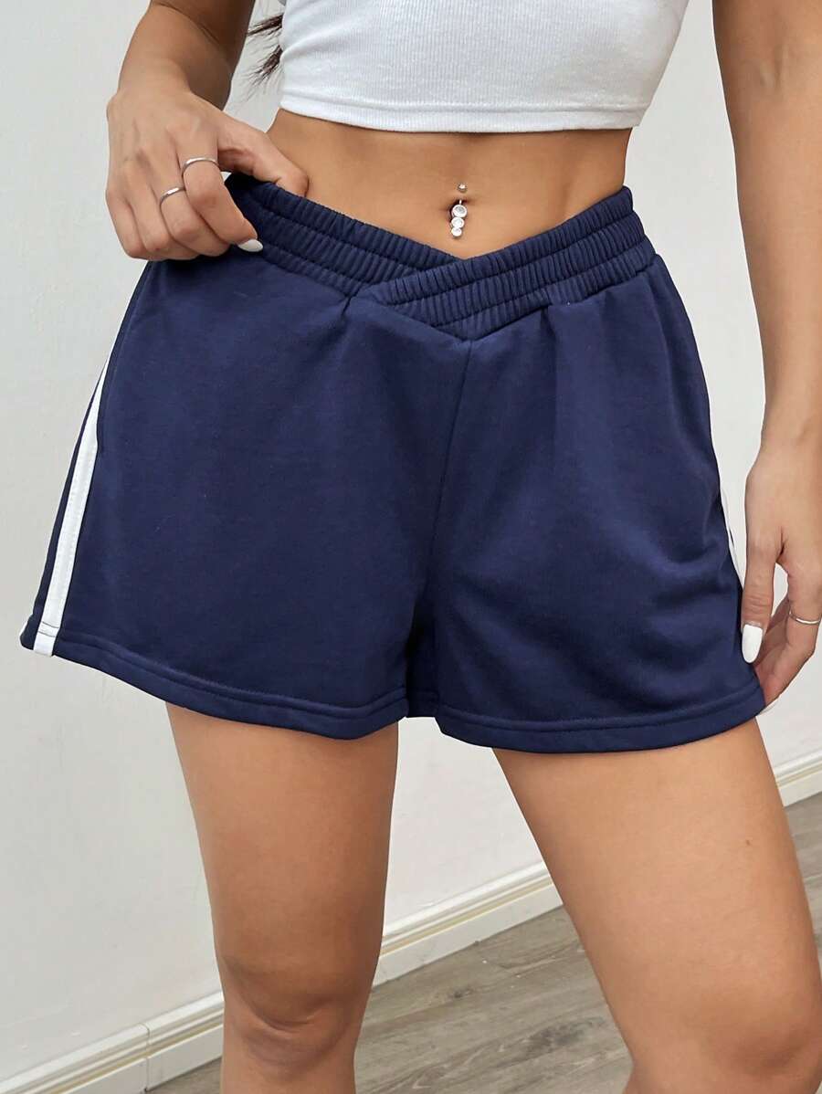 StreetHx Quần short cạp thấp đơn giản họa tiết chắp vá màu trơn dành cho nữ - Xanh đậm - Xem 1