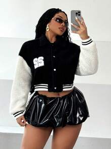 Maweii Chaqueta corta con bloque de color, aplicación de letra y forro de borrego para otoño e invierno, talla grande