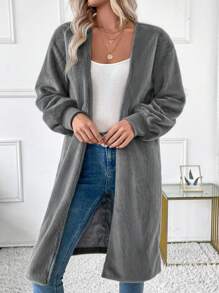 SHEIN LUNE Women's Open Front Fluffy Long Cardigan Fluffy Regular Sweater Thermal Fall Cloth For Women - Grey - View 5
