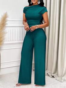 SOLERSUN 纯色不对称领口褶皱修身 T 恤和阔腿裤 - 墨綠色 - 查看 6