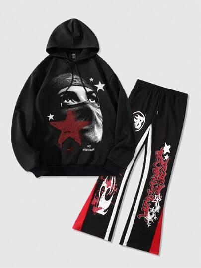 Street Life 2pcs Men's Figure Print Hooded Sweatshirt And Front Drawstring Pants Set