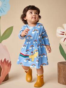 SHEIN Baby Girl Autumn/Winter Long Sleeve Knitted Pilot Cloud Print Casual Fashion Dress - Blue - View 4