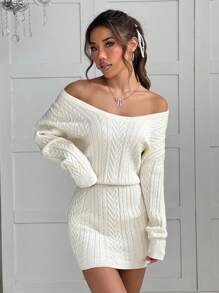 SHEIN EZwear 秋冬女士纯色露肩长袖毛衣裙 - 杏色 - 查看 6