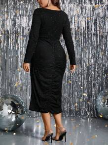 SHEIN Clasi 加大方领褶饰闪光紧身连衣裙长款女装 - 黑色 - 查看 2