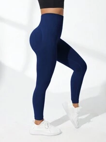 SHEIN Yoga Basic Leggings de yoga sans coutures, taille haute, extensibles et de couleur unie - Bleu marine - Voir 5