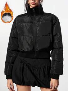 SHEIN EZwear 女士冬季羽绒高领黑色长袖 Zin Up 连帽短款羽毛羽绒大衣 - 黑色 - 查看 7