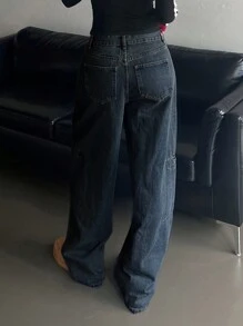 DAZY Dames effen zakje casual losse rechte pijp jeans