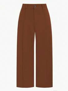 SHEIN Unity Plus Size Solid Color Button Pleated Straight Leg Dress Pants - Brown - View 1