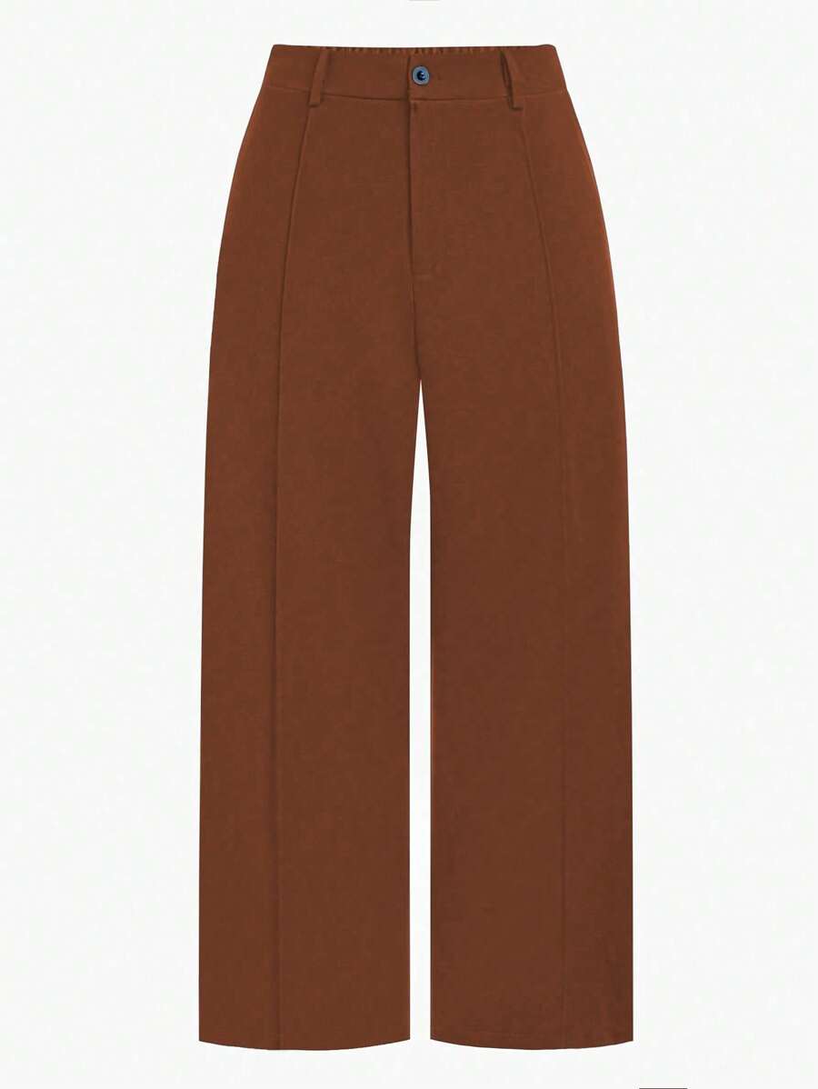 SHEIN Unity Plus Size Solid Color Button Pleated Straight Leg Dress Pants - Brown - View 1