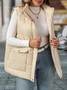 SHEIN LUNE Ropa de invierno talla grande Abrigo acolchado sin mangas con bolsillos y cremallera - Champán - Ver 6