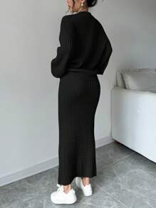 Selianne 女式纯色长袖单排扣开衫和针织 A 字中长裙休闲两件套，秋冬