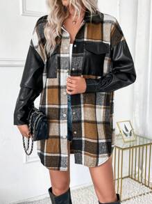 SHEIN LUNE Jaket Wanita Kasual untuk Berpergian, Motif Kotak-kotak, Patchwork, Blok Warna, Resleting, Cocok untuk Musim Gugur. - MultiWarna - View 4