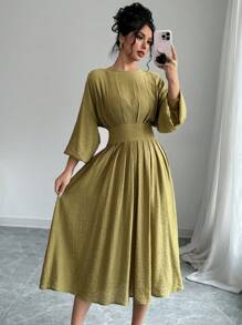 Calvaya Textured Elegant Batwing Sleeve Empire Waist Pleated Lantern Sleeve Dress Maxi Women Outfit