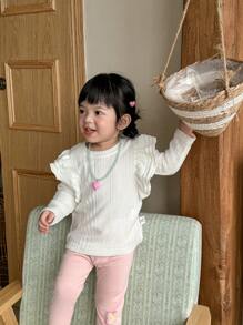 SHEIN 3pcs Set Baby Girls Autumn Casual Ruffled Trim Long Sleeve Tops - Black and White - View 7