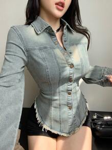 DAZY 女式秋季拼布磨边长袖收腰休闲牛仔夹克，秋季女装 - 中等水洗藍 - 查看 4