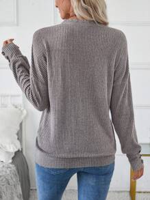 SHEIN LUNE Women's Fashion V-Neck Long Sleeve Lace Ribbed Knit Pullover Sweatshirt