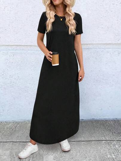 Calvaya Women Summer Solid Color Round Neck Short Sleeve Long Casual T-Shirt Dress With Pockets,Ladies Casual Asymmetrical,Pocket Short Sleeve Round Neck Loose Long Black Regular Sleeve Plain Tee Women Long Dresses,Spring/Summer,Casual Daily Wear Maxi Women Outfit