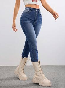 SHEIN EZwear Jeans de pierna ancha con lavado, moda gótica Y2K de los 90, con bordado de cruz impreso para mujer