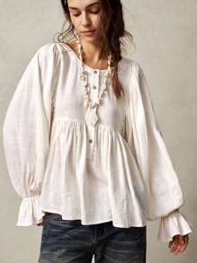 Bohemela 休闲纯色雪纺长袖女式衬衫 - 白色 - 查看 5