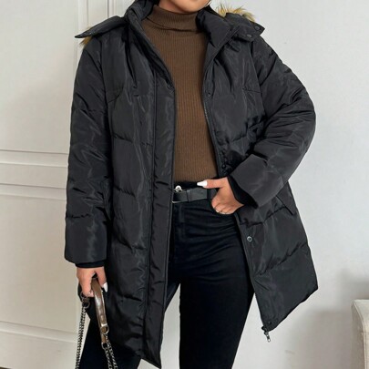 플러스 사이즈 여성용 두껍고 따뜻한 패딩 롱 다운 & 깃털 코트, 블랙, 리브 소매 삽입, 카라 털 트림, 이중 지퍼, 겨울용에 적합