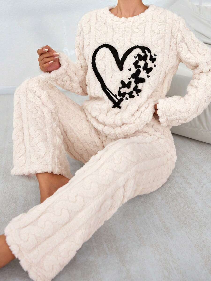 3D心形提花抓绒睡衣套装，适合冬季、秋季穿着，蓬松柔软，舒适保暖。 - 杏色 - 查看 1