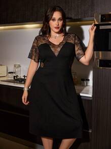 Sexy Sheer Lace Patchwork V-Neck Plus Size Short Sleeve Nightgown - Black - View 6
