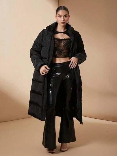 Lumalex Winter Thanksgiving New Years Thanksgiving Rave Festival Formal Prom New Years Eve Maxi Holiday Glossy Banquet Dinner Elegant Gorgeous Women's Extra Long Loose Hooded Zipped Padded Outerwear Coat Winter