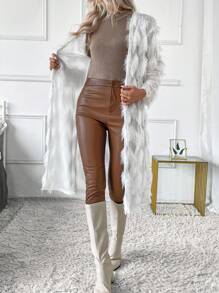 SHEIN LUNE Women's Fashion Casual Fringed Feather Trim Long Cardigan - White - View 3