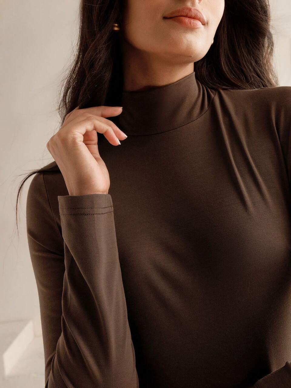 High-End Knitted & Woven Patchwork Turtleneck Long Sleeve Dress In Coffee Color