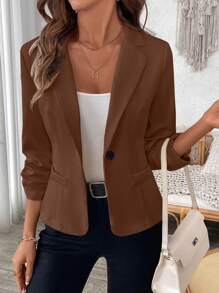 Women Spring & Summer Solid Color Ruched Cuffs Suit Jacket , Bussines Casual Women - Brown - View 4