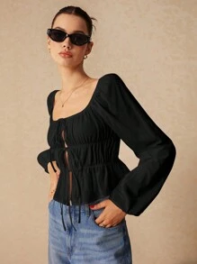 Poéselle 100% 纯棉纯色褶皱抽绳设计衬衫，秋季女士衬衫，长袖衬衫 - 黑色 - 查看 3