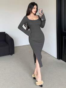 DAZY Women Square-Neck Solid Color High-Split Fitted Sweater Dress