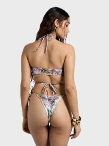 AiiRZ 印花圆环细节抹胸式吊带比基尼上衣和侧系带比基尼下装两件套夏季