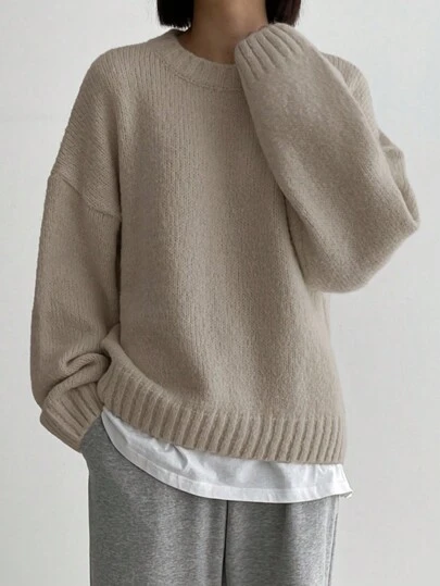 DAZY Suéter casual de unicolor con cuello redondo, hombros caídos y manga larga para mujer, otoño e invierno