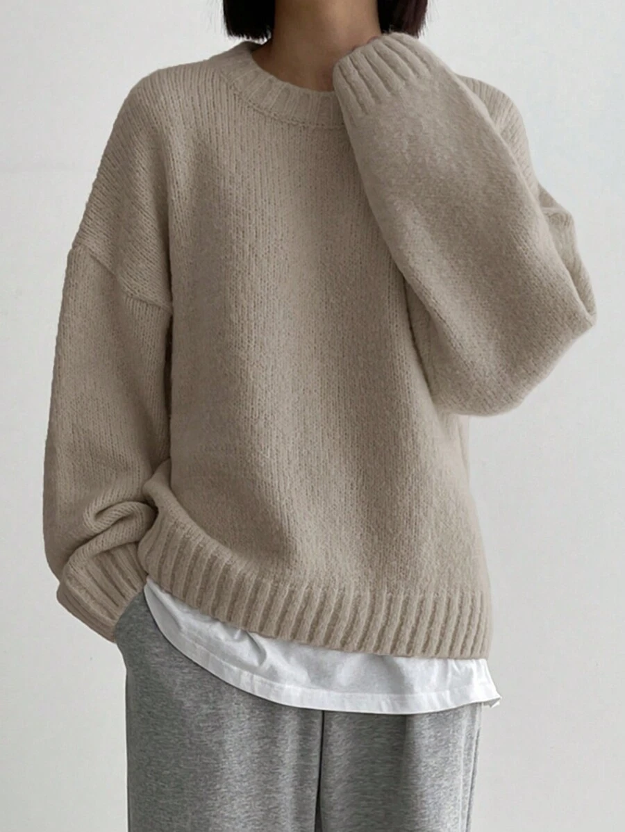 DAZY Women's Solid Color Round Neck Drop Shoulder Long Sleeve Casual Sweater, Fall & Winter - Khaki - View 1