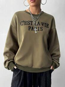 SHEIN Unity 女士简约印花长袖休闲套头卫衣，秋季款 - 軍綠色 - 查看 4