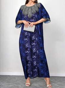 Al Najma Women's Round Neck Sequin Panel Batwing Sleeve Elegant Abaya, Modest Party Maxi Full Length Abayas, For Evening Party/Wedding Guest/Anniversary/Daily - Blue - View 8