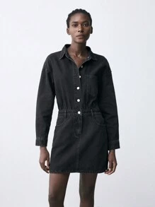 SHEIN Maija Váy denim mini thường ngày cho nữ, tay dài, màu đen - màu đen - Xem 3