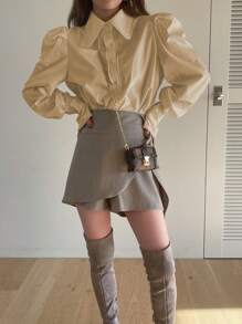 DAZY 纯色前扣领优雅长袖衬衫 - 卡其色 - 查看 4