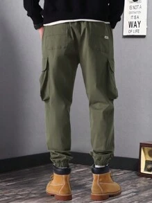 Manfinity Roghcode Men's Casual Solid Color Drawstring Waist Cargo Pants - Army Green - View 2