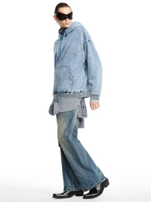 NEON BLANC Men's Blue Denim High Collar Zipper Hoodie, For Fall Winter - Blue - View 5