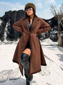 Flirla Plus Size Women's Casual Stand Collar Long Sleeve Long Coat For Winter