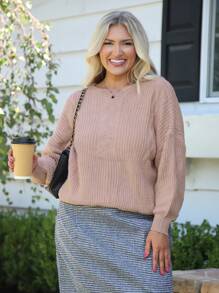 SHEIN LUNE Plus Size Women Solid Loose Drop Shoulder Sleeve Pink Sweater , Business Casual , Holiday, Country Top - Dusty Pink - View 6
