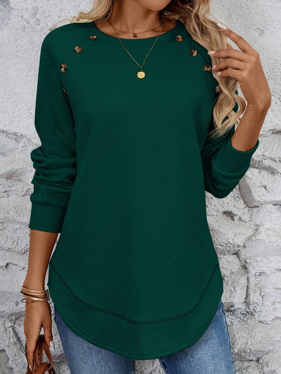 SHEIN LUNE Áo nỉ tay raglan màu trơn giản dị thiết kế nút, mùa thu - Màu xanh lá cây đậm - Xem 1