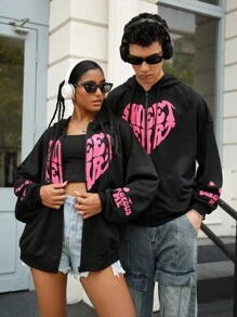 Manfinity VCAY Men's Loose Fit Heart Print Hoodie Sweatshirt For Autumn & Winter - Black - View 3