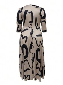 Đầm thường ngày tay dài in họa tiết sọc cỡ lớn cho nữ, mùa thu - Màu Khaki - Xem 2