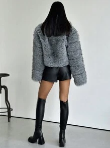 SHEIN Privé Women's High Collar Short Elegant Fluffy Coat - Multicolor - View 4