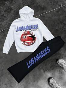 Manfinity EMRG 2pcs Men's Casual Lip Print Hoodie Sweatshirt And Sweatpants Set For Spring And Autumn - Black and White - View 3