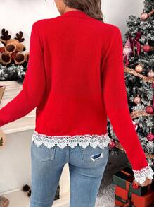 Chiquease Women's Christmas Colorblock Contrast Lace Faux Pearl Beaded Decor Pullover Sweater, Knit Pullover Fall Winter - Red - View 2